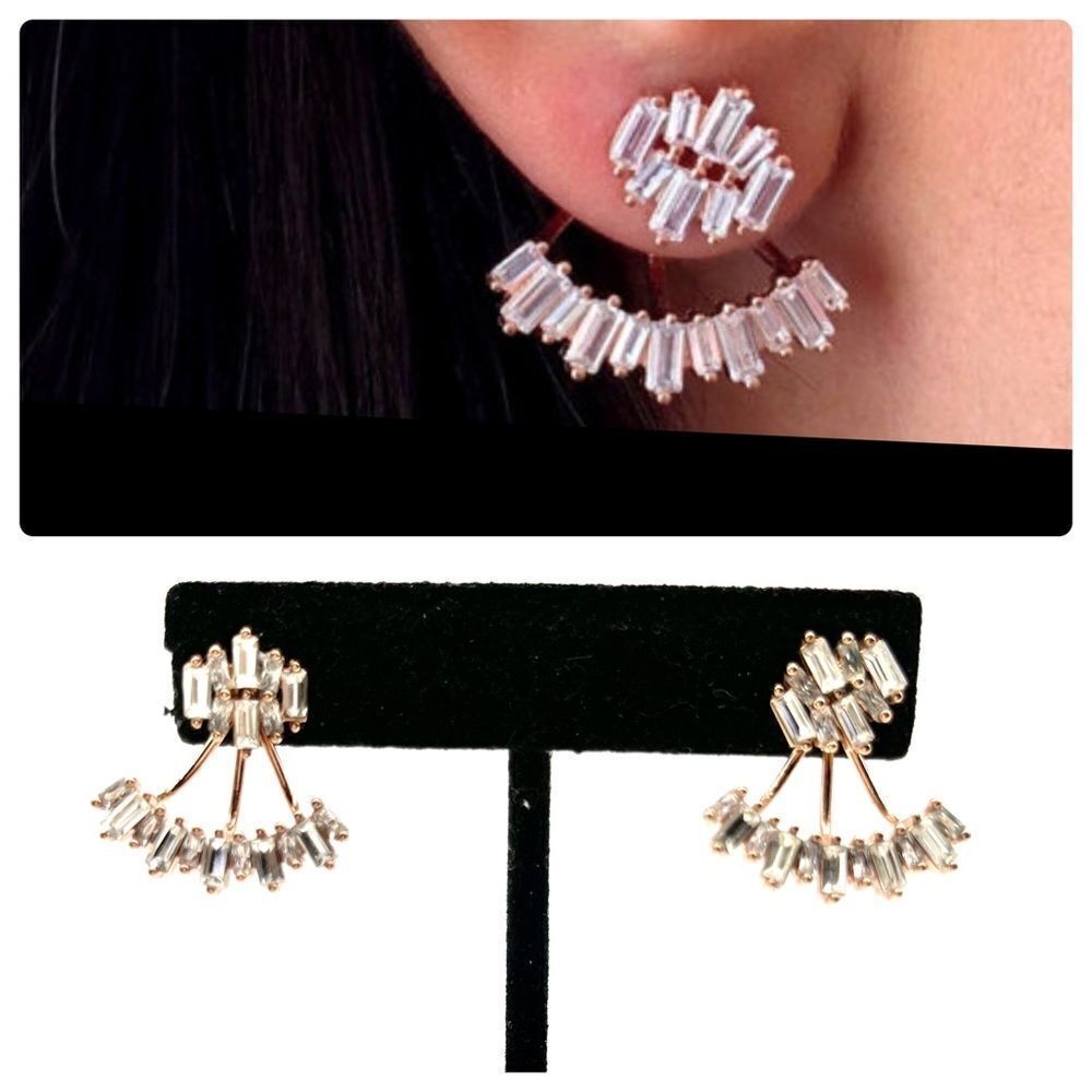 Jacket Earrings w/ Cuff Rose Gold Tone & Crystals